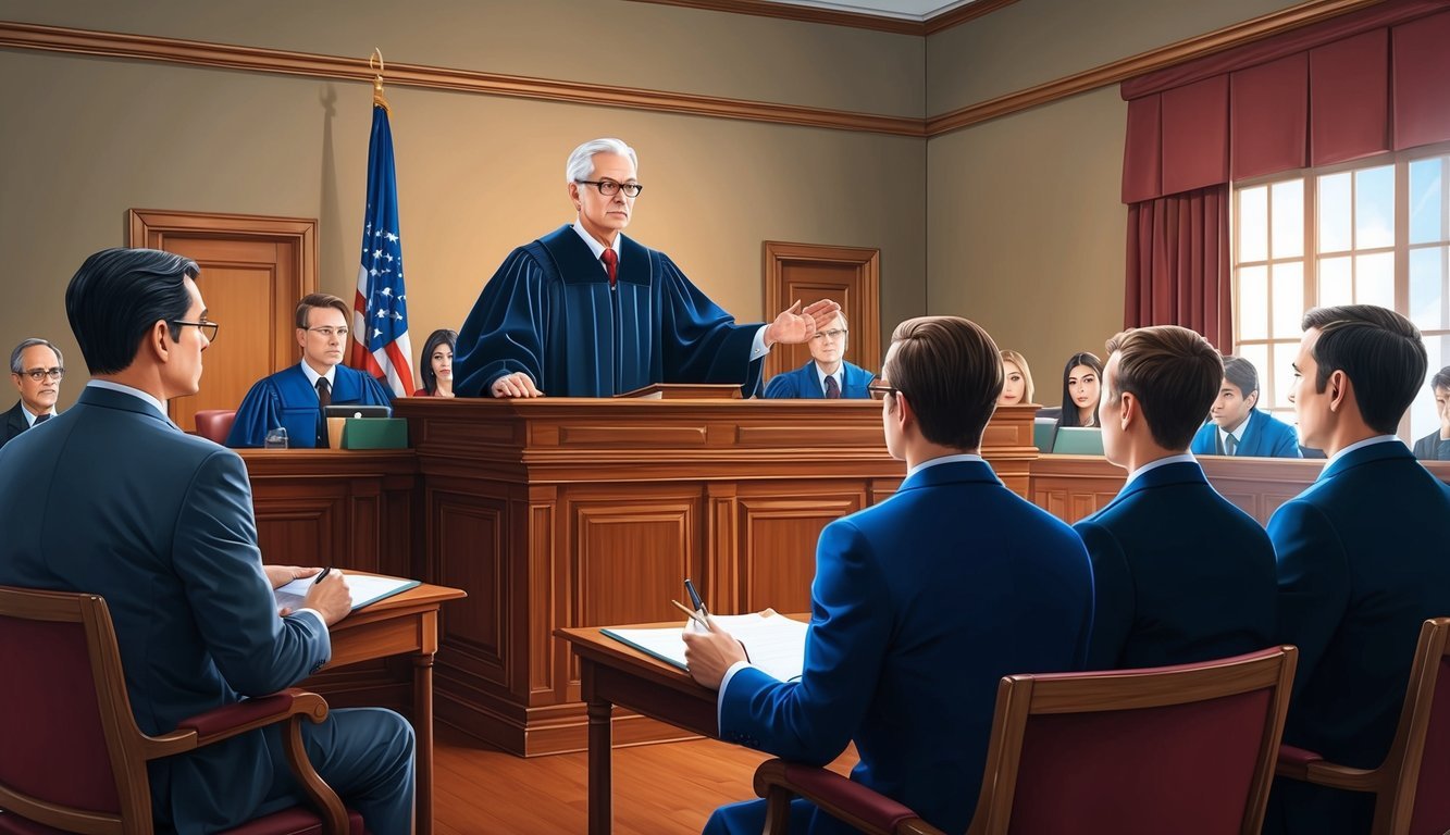 A courtroom with a judge presiding over a trial, lawyers presenting evidence, and a jury listening attentively