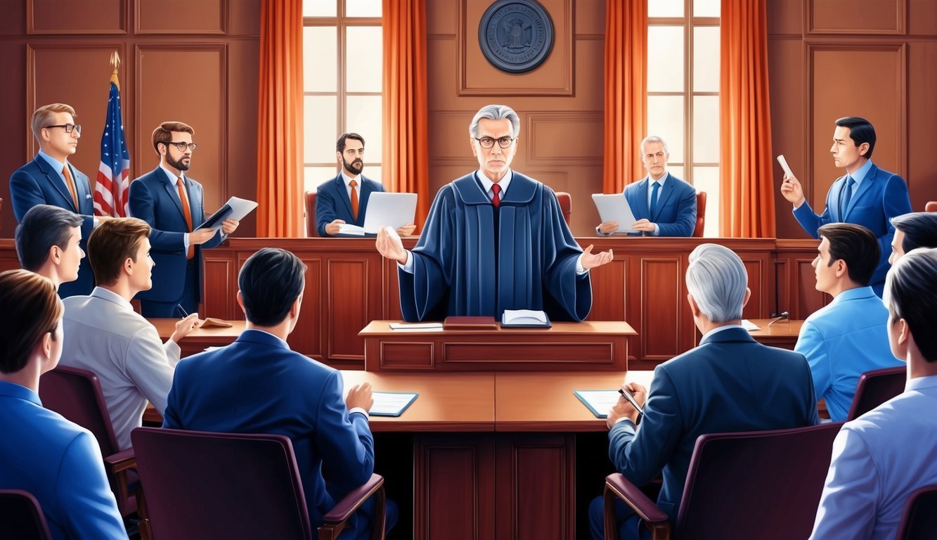 A judge presiding over a courtroom, with lawyers presenting evidence and arguing their case in front of a jury