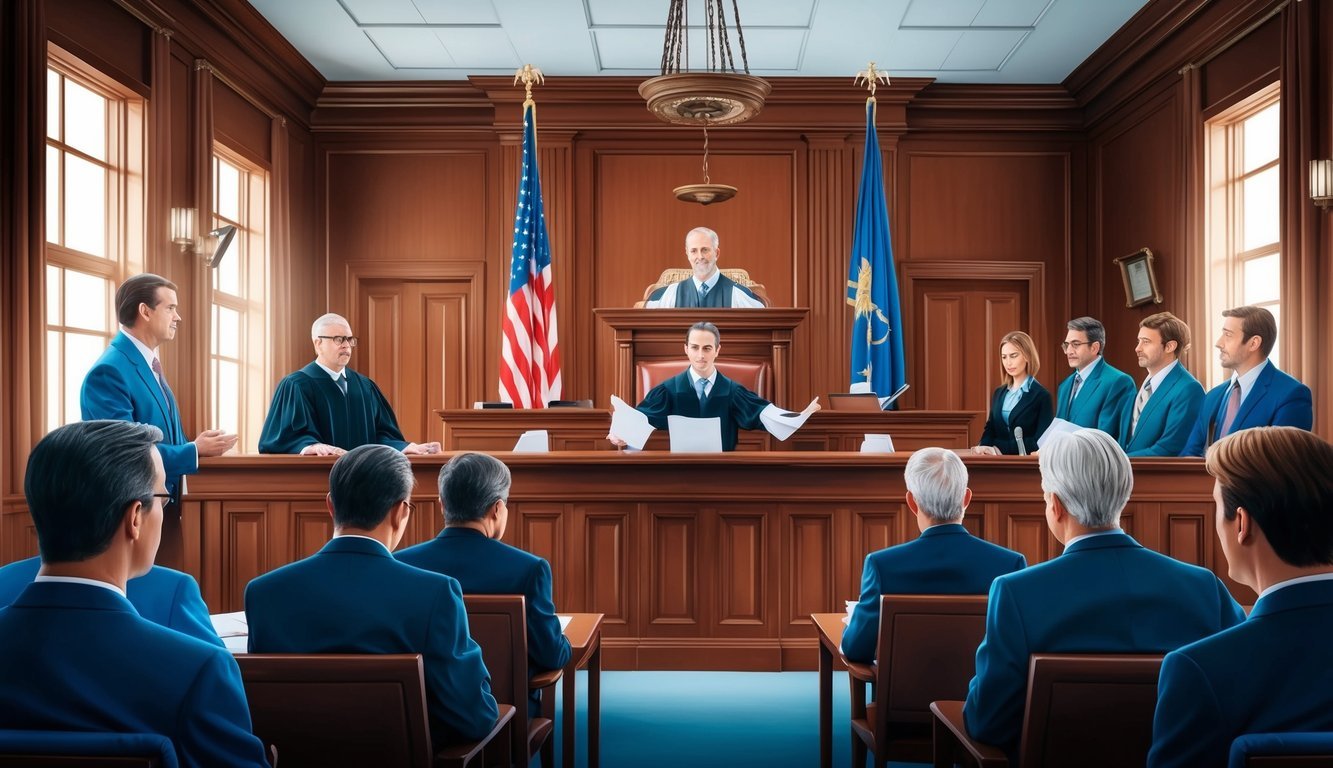 A courtroom with lawyers presenting arguments and evidence in front of a judge and jury