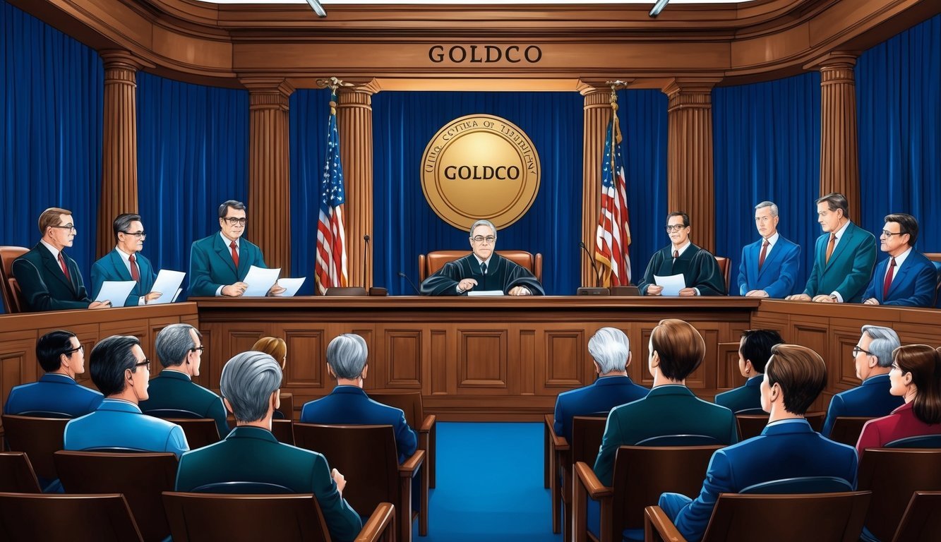A courtroom with a judge presiding over the Goldco lawsuit, lawyers presenting arguments, and a jury listening attentively