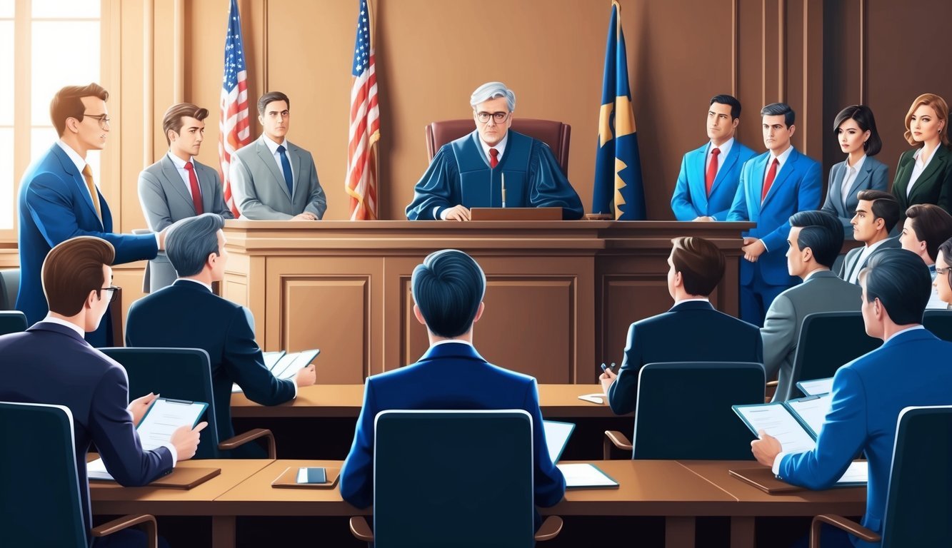 A courtroom with a judge presiding over a lawsuit, lawyers presenting arguments, and a jury listening intently. The scene is filled with tension and anticipation for the future outcome
