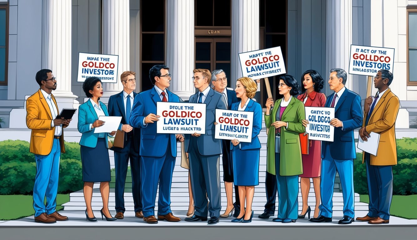 A group of concerned investors gather outside a courthouse, holding signs and discussing the impact of the Goldco lawsuit on the market