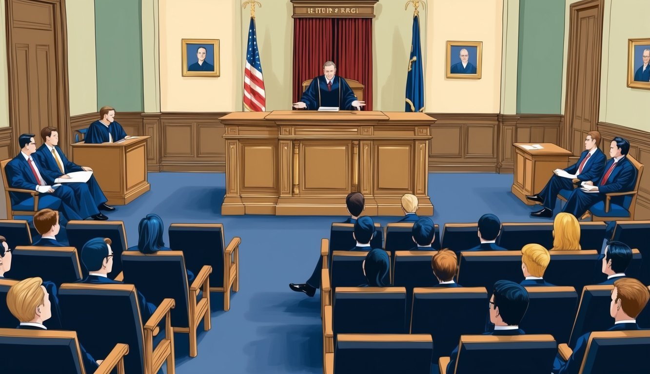 A courtroom with a judge's bench, witness stand, and seating for lawyers and spectators. A plaintiff's attorney presents evidence to the jury