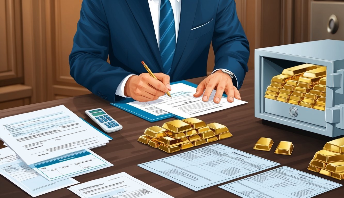 A person completing paperwork to convert IRA to physical gold, surrounded by financial documents and a safe full of gold bars