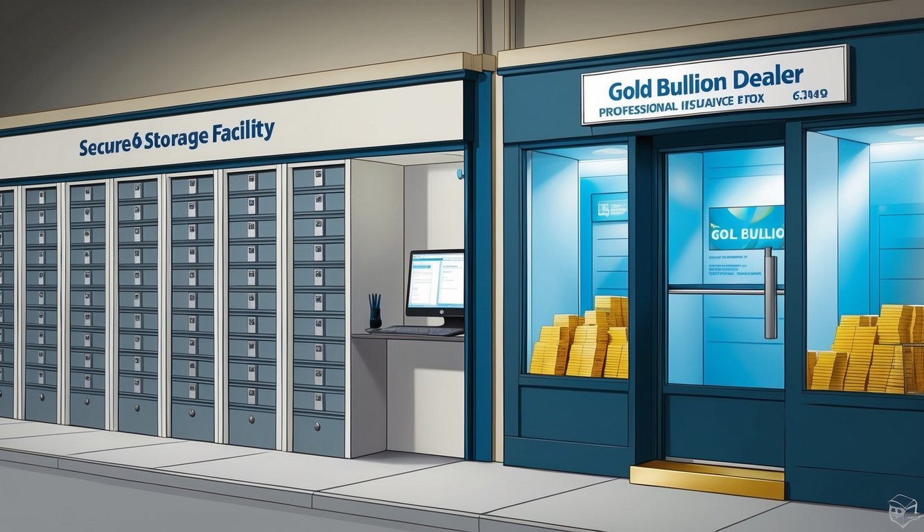 A secure storage facility with rows of safety deposit boxes, alongside a professional insurance agent's office, and a gold bullion dealer's storefront