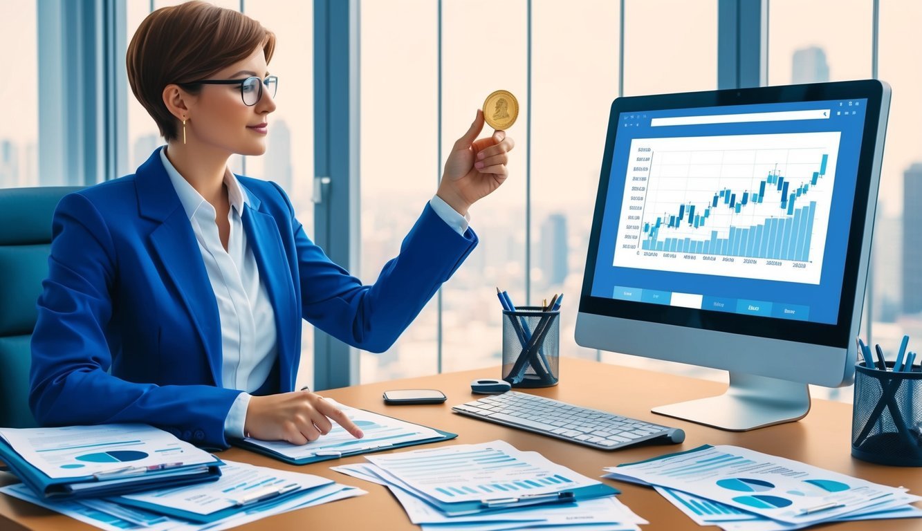 A person sits at a desk, surrounded by financial documents and a computer. They hold a gold coin in one hand, while pointing at a chart on the screen with the other