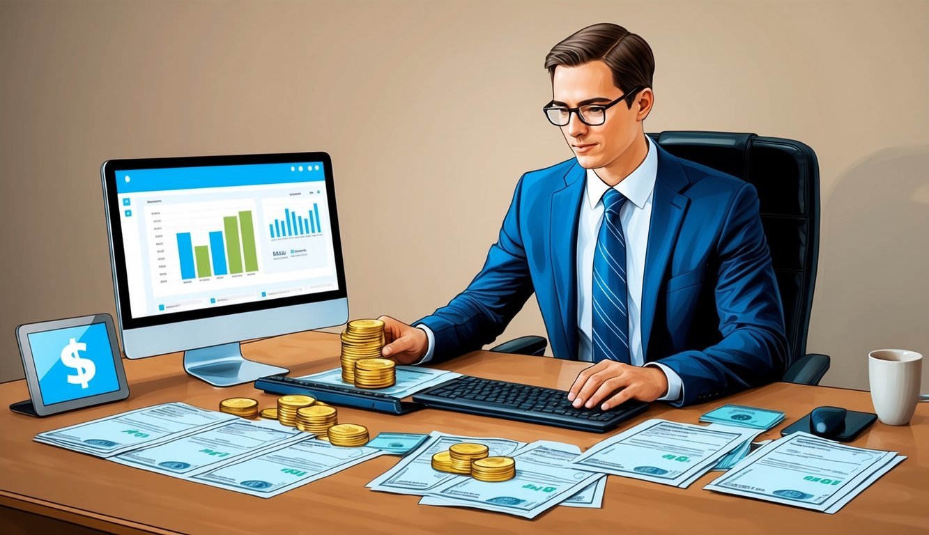 A person sitting at a desk, surrounded by financial documents and a computer, carefully transferring funds from an IRA account to physical gold