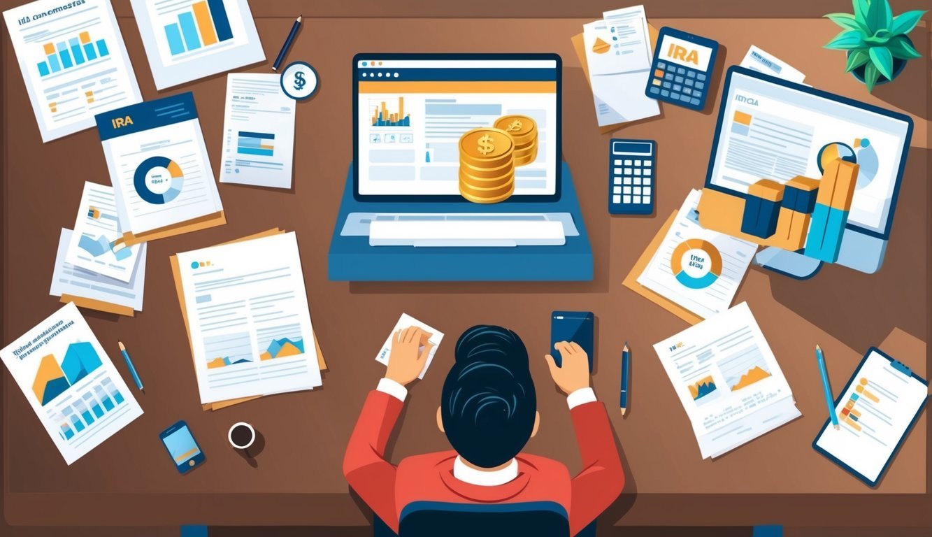 A person at a desk, surrounded by paperwork and a computer, researching how to convert IRA to physical gold