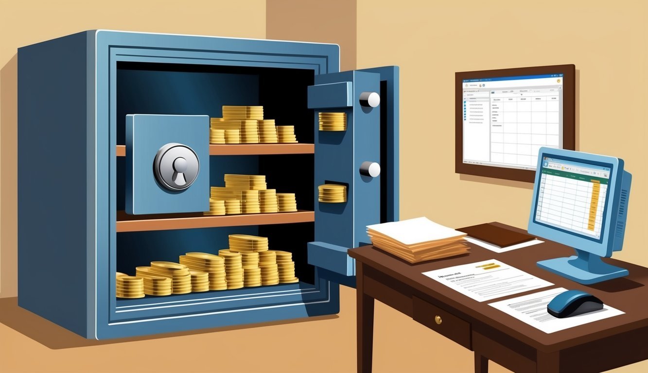A secure safe with shelves holding gold bars and coins, alongside a table with paperwork and a computer for tracking purchases and storing tips