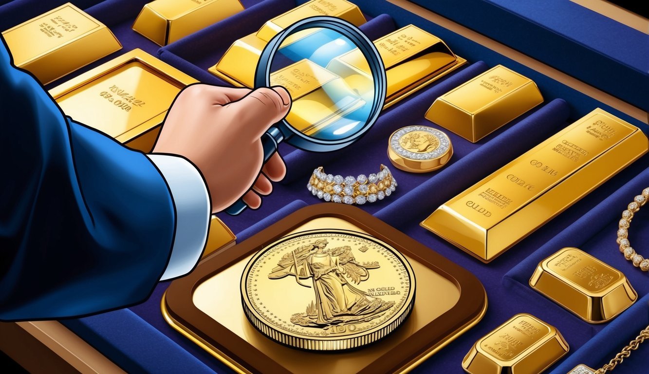 A hand holding a magnifying glass inspects a gleaming gold coin, surrounded by various gold bars and jewelry on a velvet-lined display