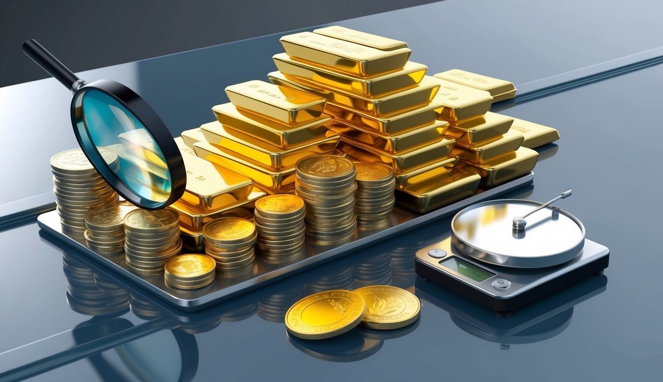 A pile of gold bars and coins arranged on a sleek, polished surface, with a magnifying glass and a scale nearby for inspection and measurement