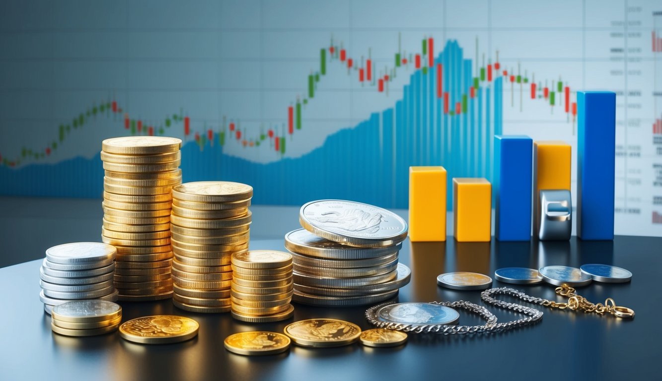 A diverse portfolio with gold bars, coins, and jewelry displayed on a sleek, modern table. A financial chart in the background illustrates upward trends