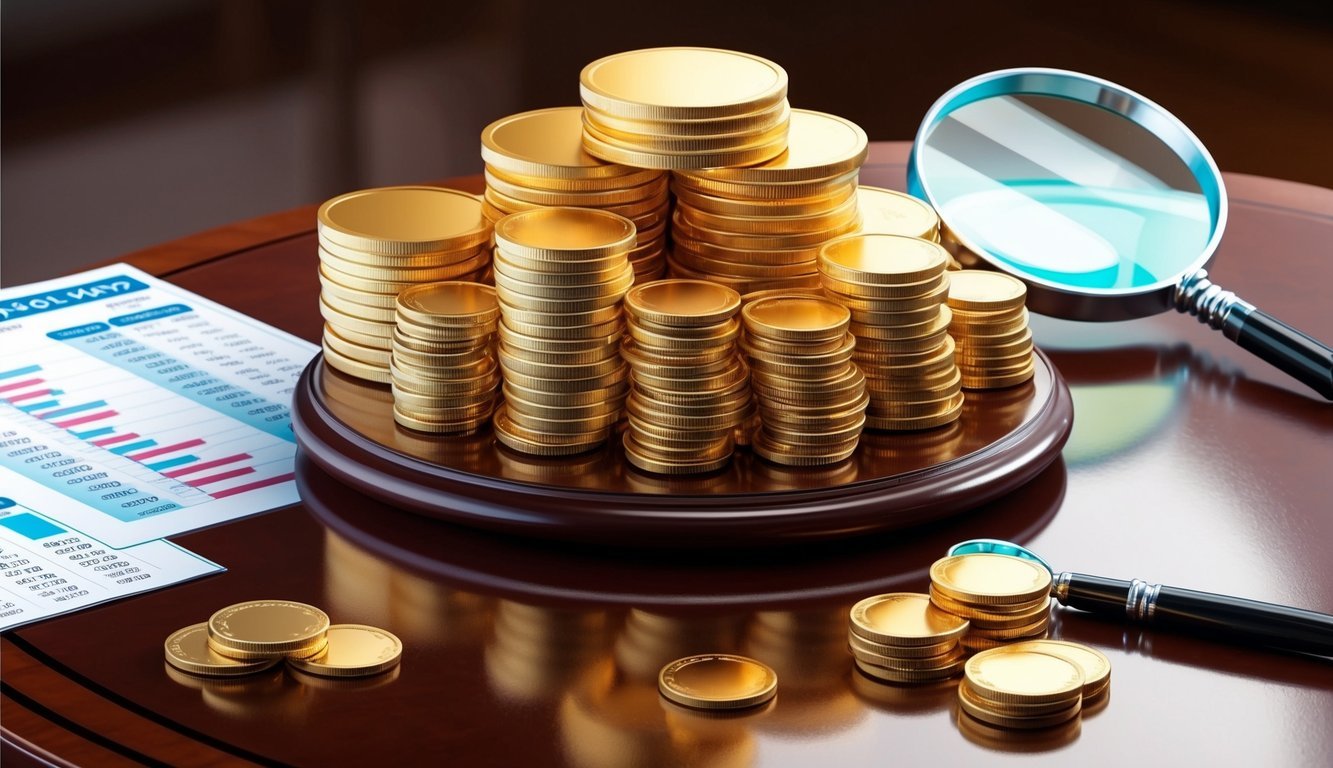 A stack of gold coins and bars displayed on a polished wooden table, with a magnifying glass and price charts nearby