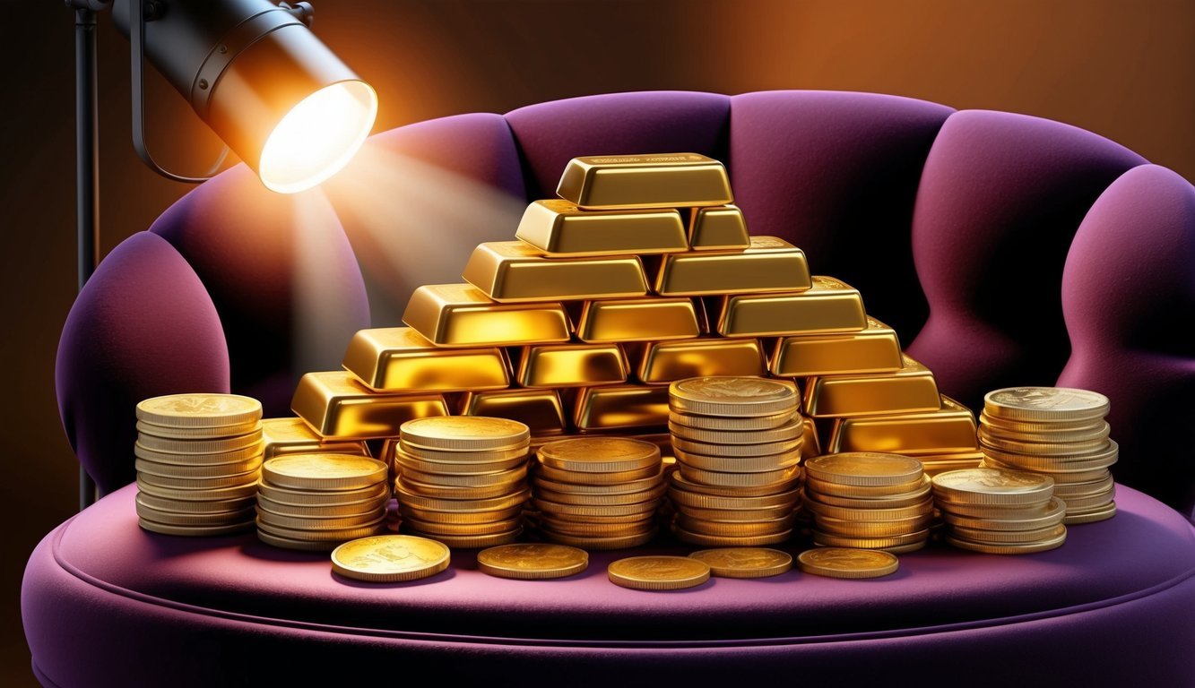 A stack of gold bars and coins arranged on a velvet cushion, with a spotlight casting a warm glow on the precious metal