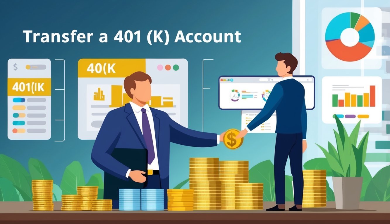 A person transfers gold into a 401(k) account, with various investment options displayed in the background