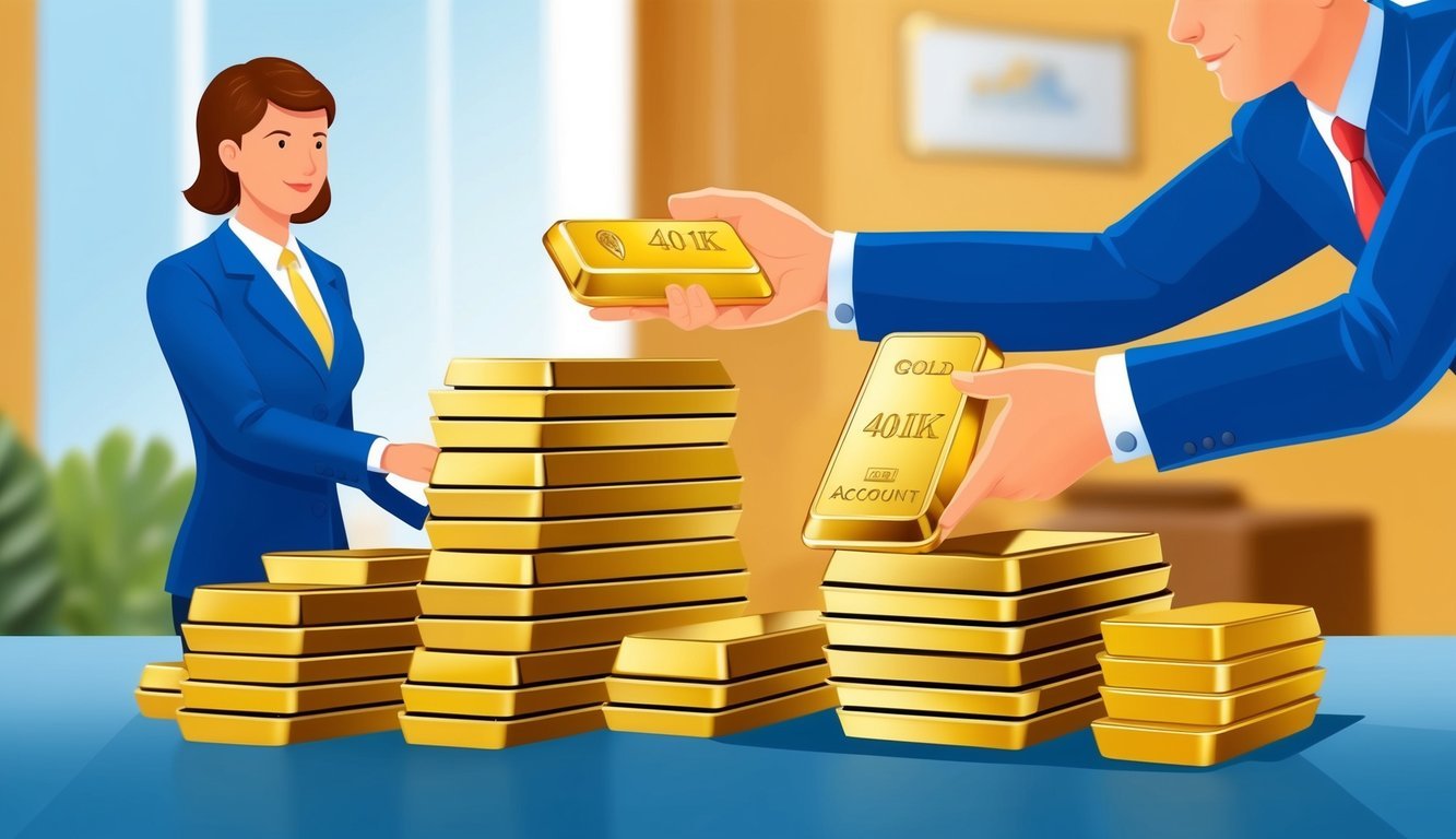 A person transferring gold bars from a 401k account to a gold IRA, with a bank representative overseeing the transaction