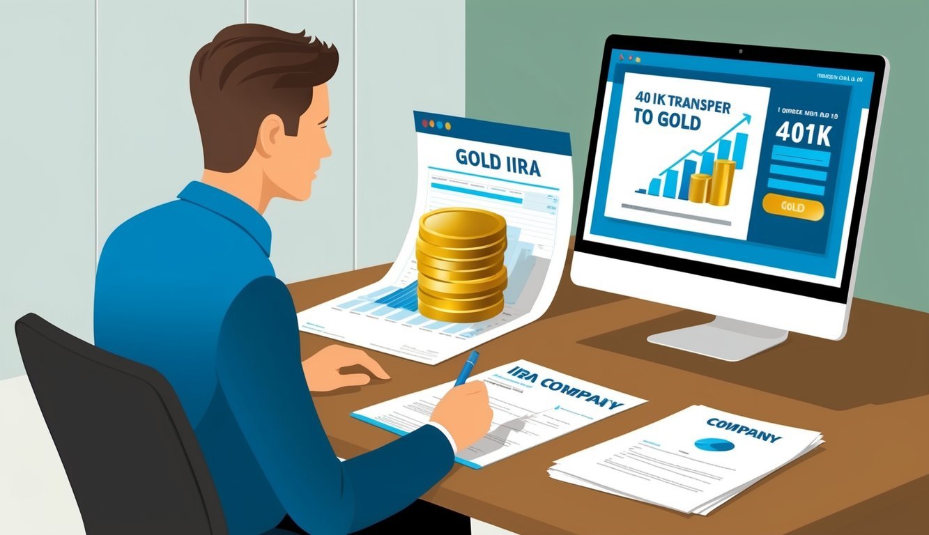 A person sits at a desk, looking at paperwork for a Gold IRA company. A computer screen shows a 401k transfer to gold