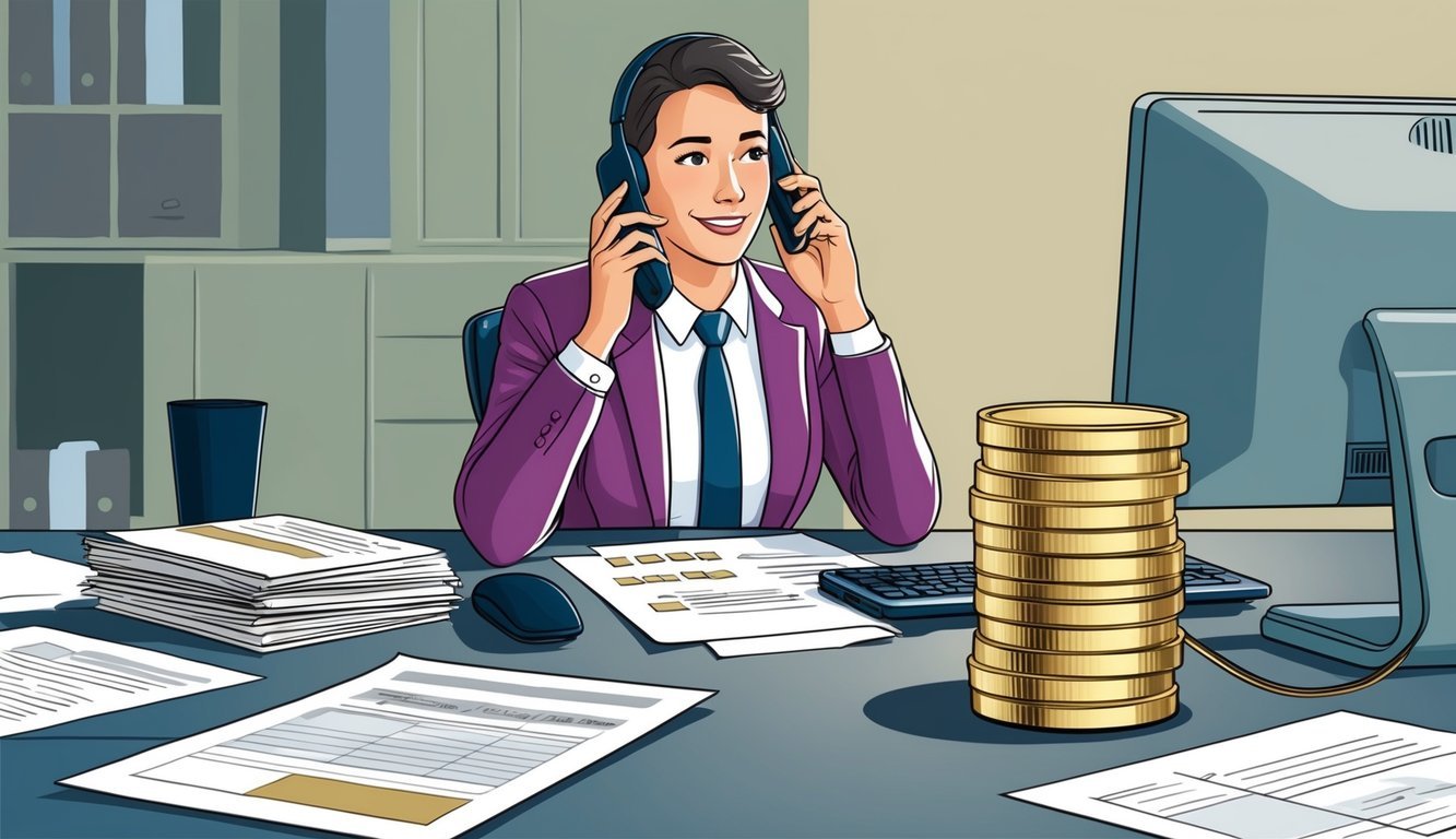 A person sits at a desk, surrounded by paperwork and a computer. They are on the phone, discussing transferring their 401k to gold. A stack of gold coins sits on the desk