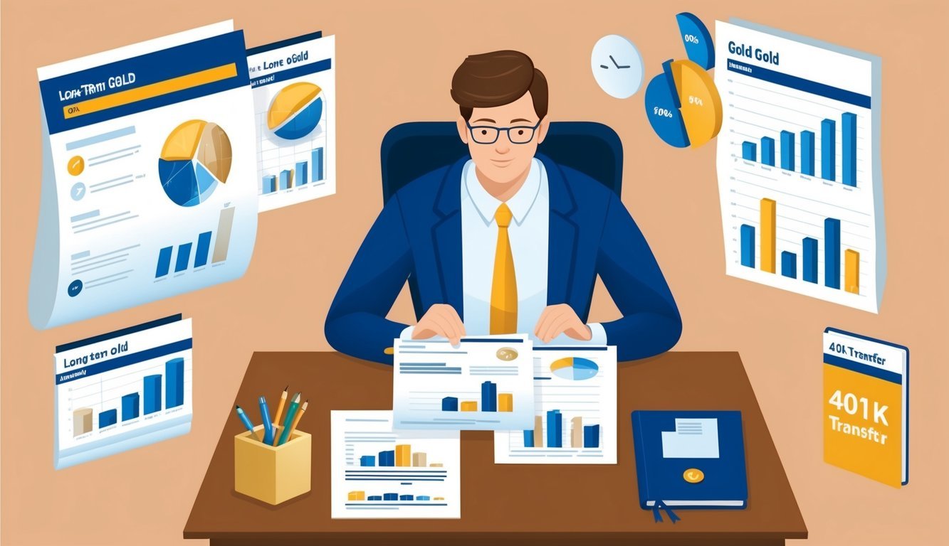 A person sitting at a desk, reviewing financial documents and charts related to long-term gold investments and 401k transfer options