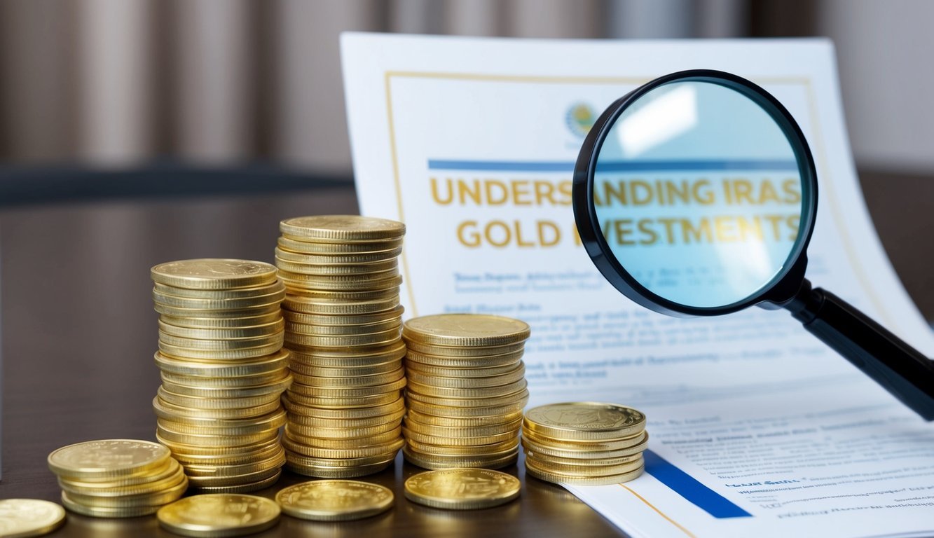 A stack of gold coins sits on a table, next to a document titled "Understanding IRAs and Gold Investments." A magnifying glass hovers over the coins