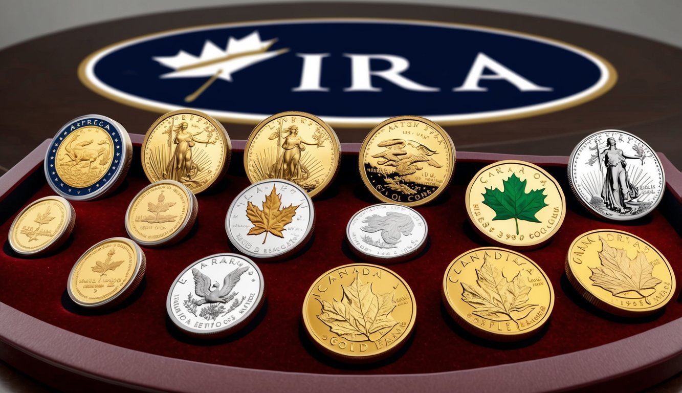 A collection of various gold coins, including American Eagle and Canadian Maple Leaf, displayed on a velvet-lined tray with the IRA logo in the background