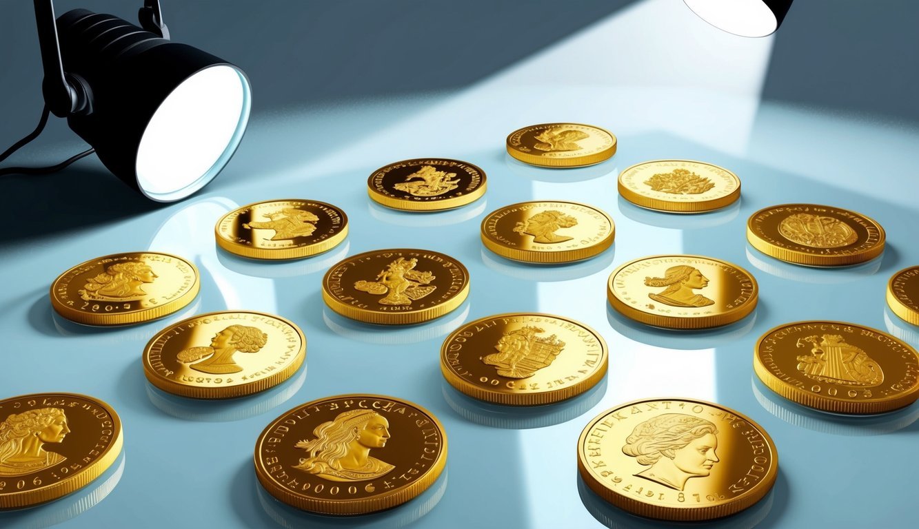 A collection of popular gold coins arranged on a clean, reflective surface, with a spotlight highlighting their intricate designs