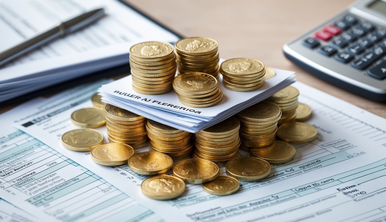 A stack of gold coins surrounded by financial documents and tax forms