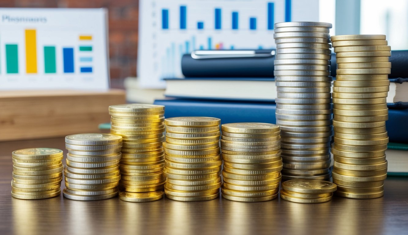 A stack of gold coins in various sizes and designs arranged on a table, with financial charts and investment books in the background