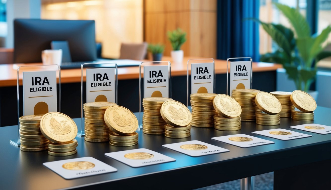 A table displaying various gold coins with labels "IRA Eligible" in a bank or investment office