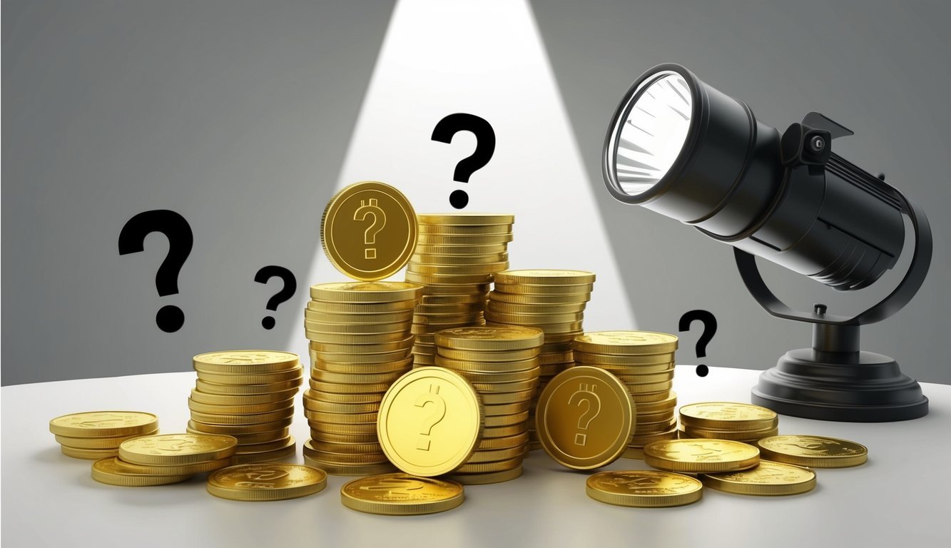 A stack of gold coins with IRA and FAQ symbols, surrounded by question marks and a spotlight
