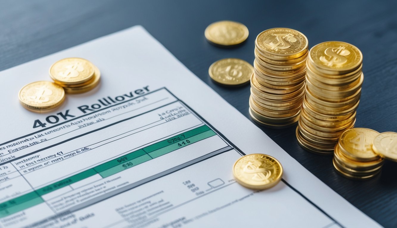 A stack of gold coins and a financial document representing a 401k rollover