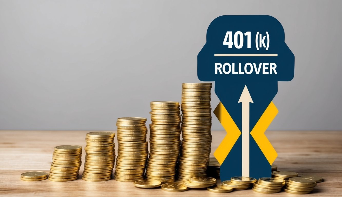 A stack of gold coins pouring out of a 401(k) rollover symbol