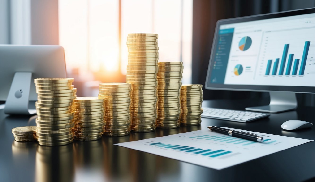 A stack of gold coins and bars arranged on a sleek, modern desk with a computer and financial documents
