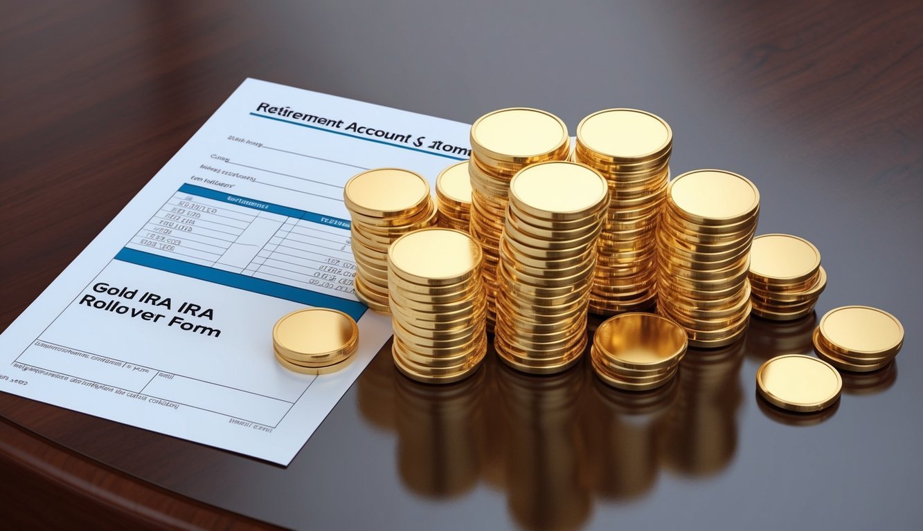 A stack of gold coins and bars arranged neatly on a polished wooden surface, with a retirement account statement and a gold IRA rollover form nearby
