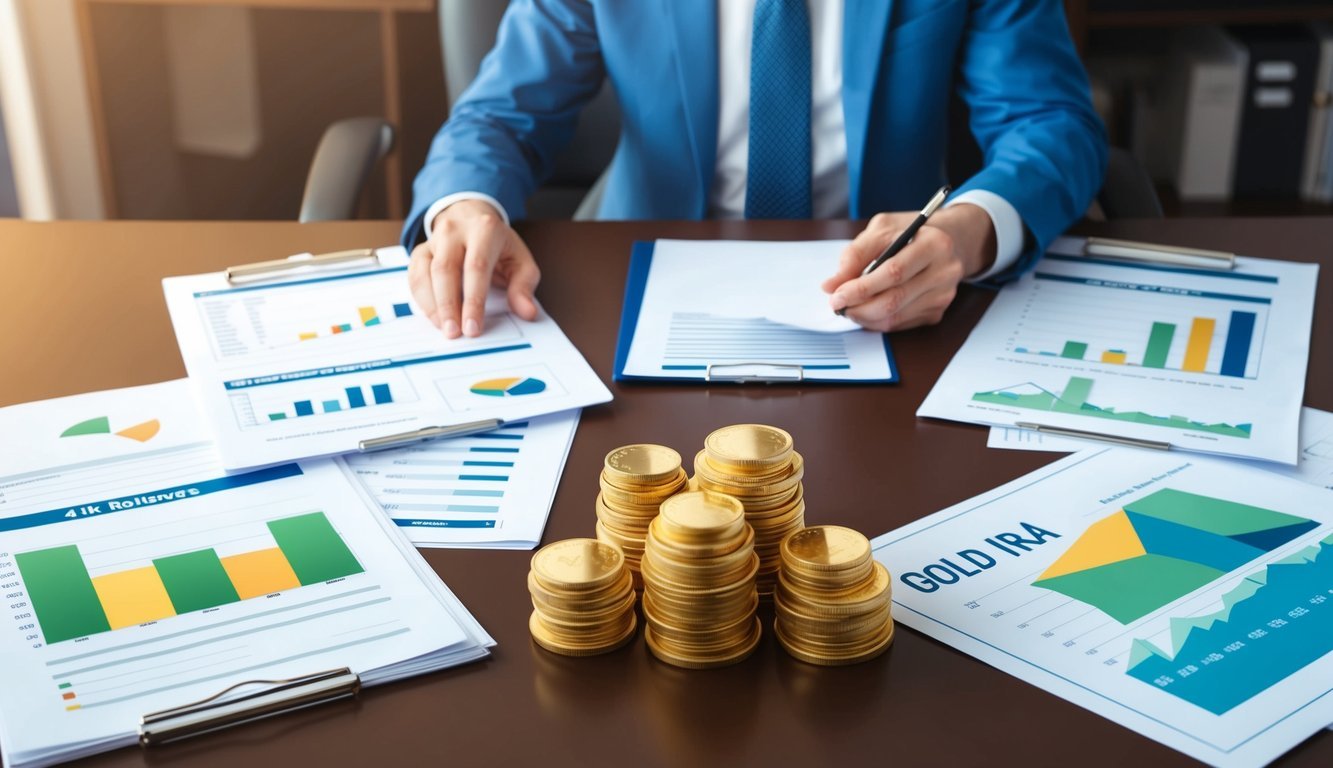 A person sitting at a desk, reviewing paperwork and comparing different gold IRA custodians for a 401k rollover. A stack of gold coins and investment charts are spread out on the table