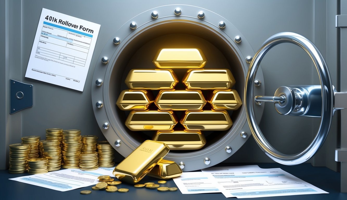 A secure vault filled with gleaming physical gold bars and precious metals, surrounded by financial documents and a 401k rollover form
