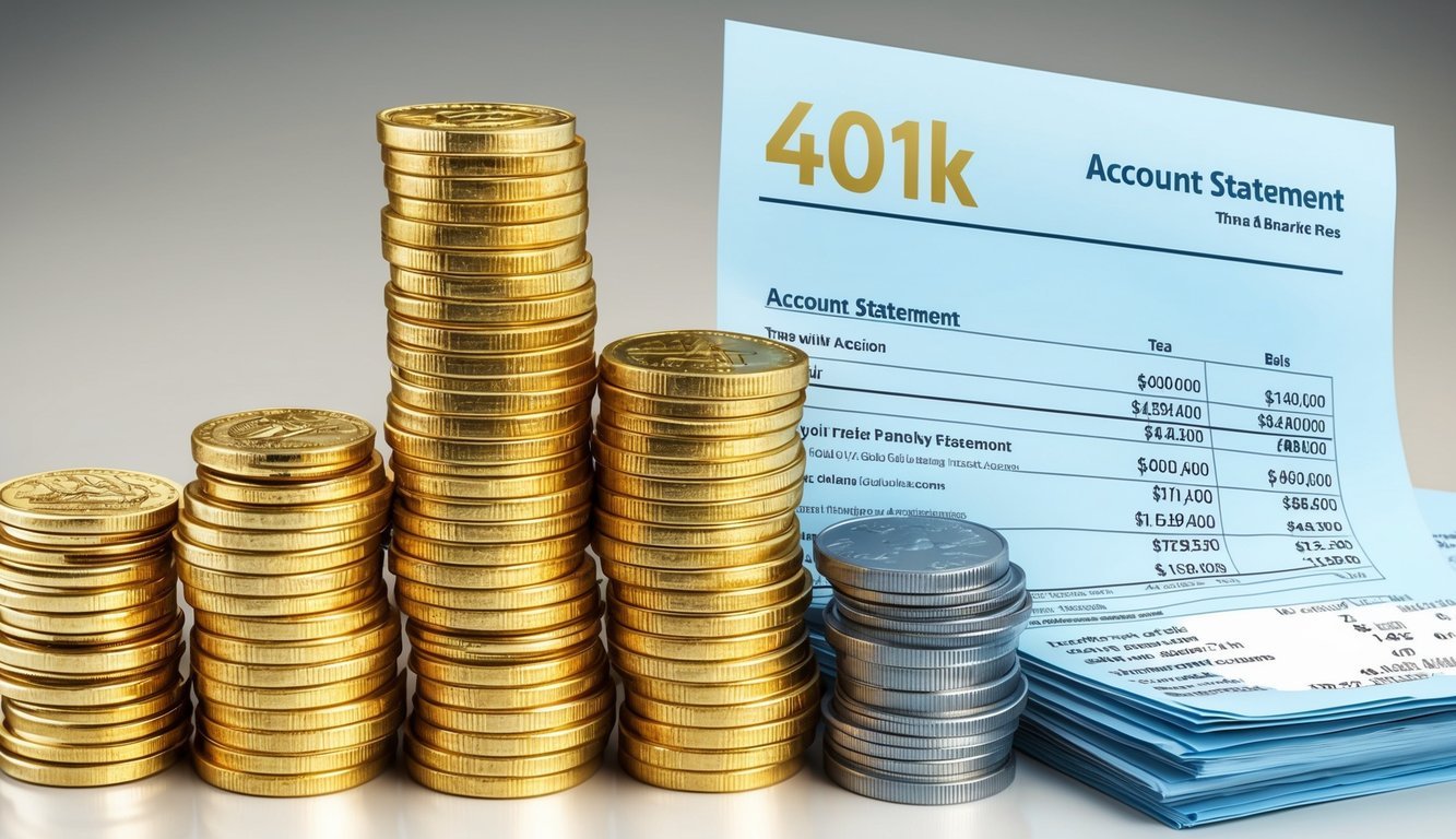 A stack of gold coins and a 401k account statement with penalty fees