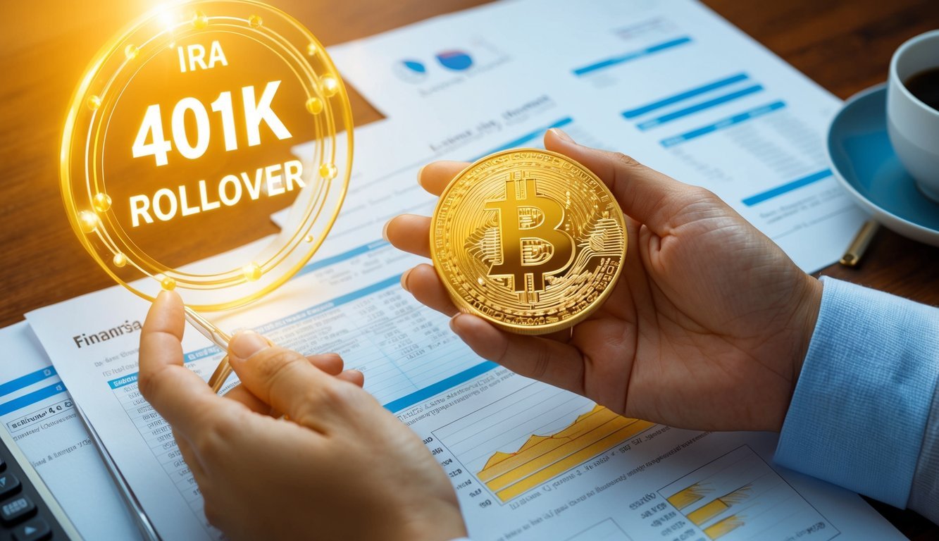 A hand holding a golden coin, surrounded by financial documents and a glowing gold IRA 401k rollover sign