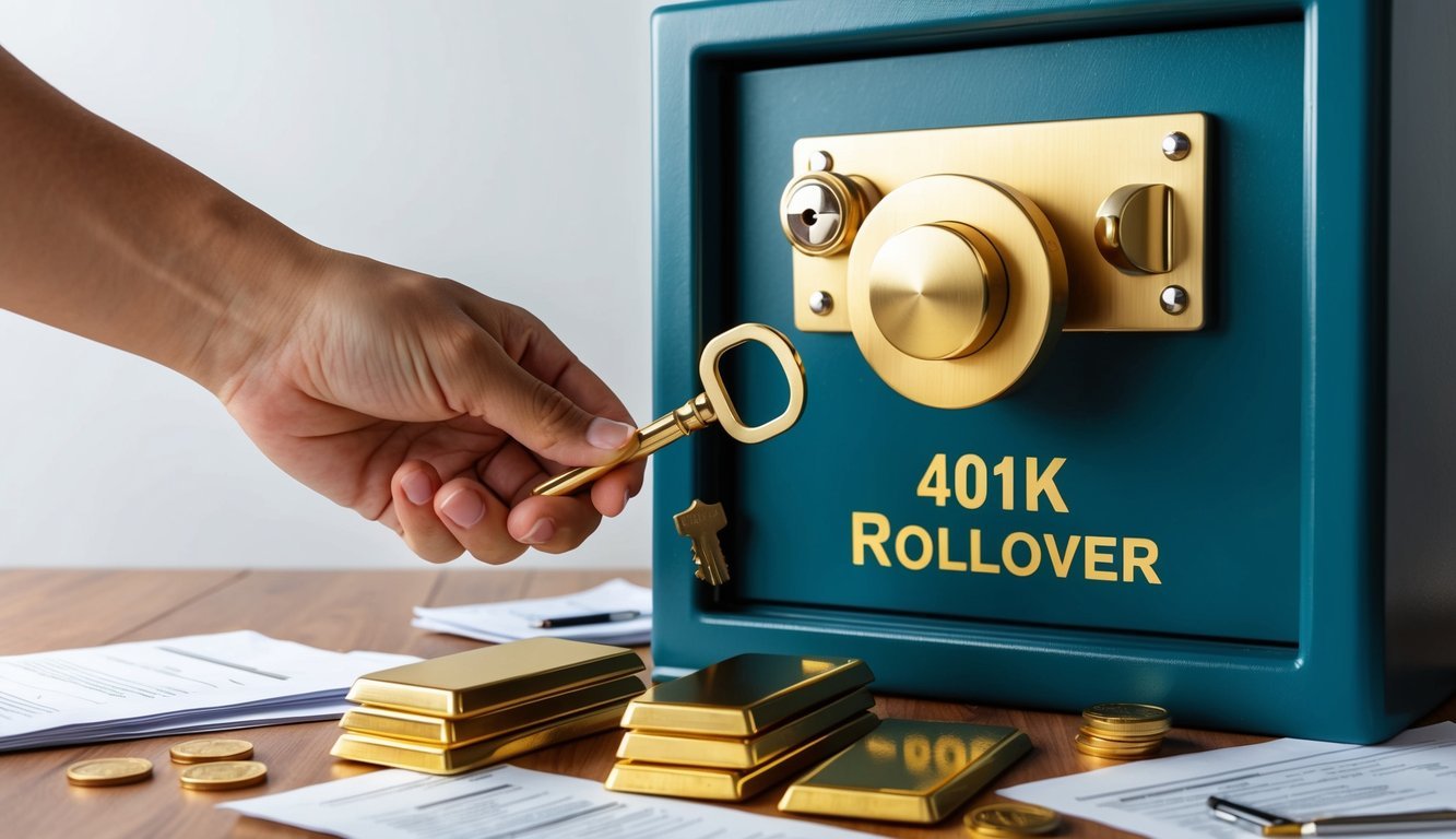 A hand holding a golden key, unlocking a safe labeled "401k Rollover". Gold bars and financial documents scattered around