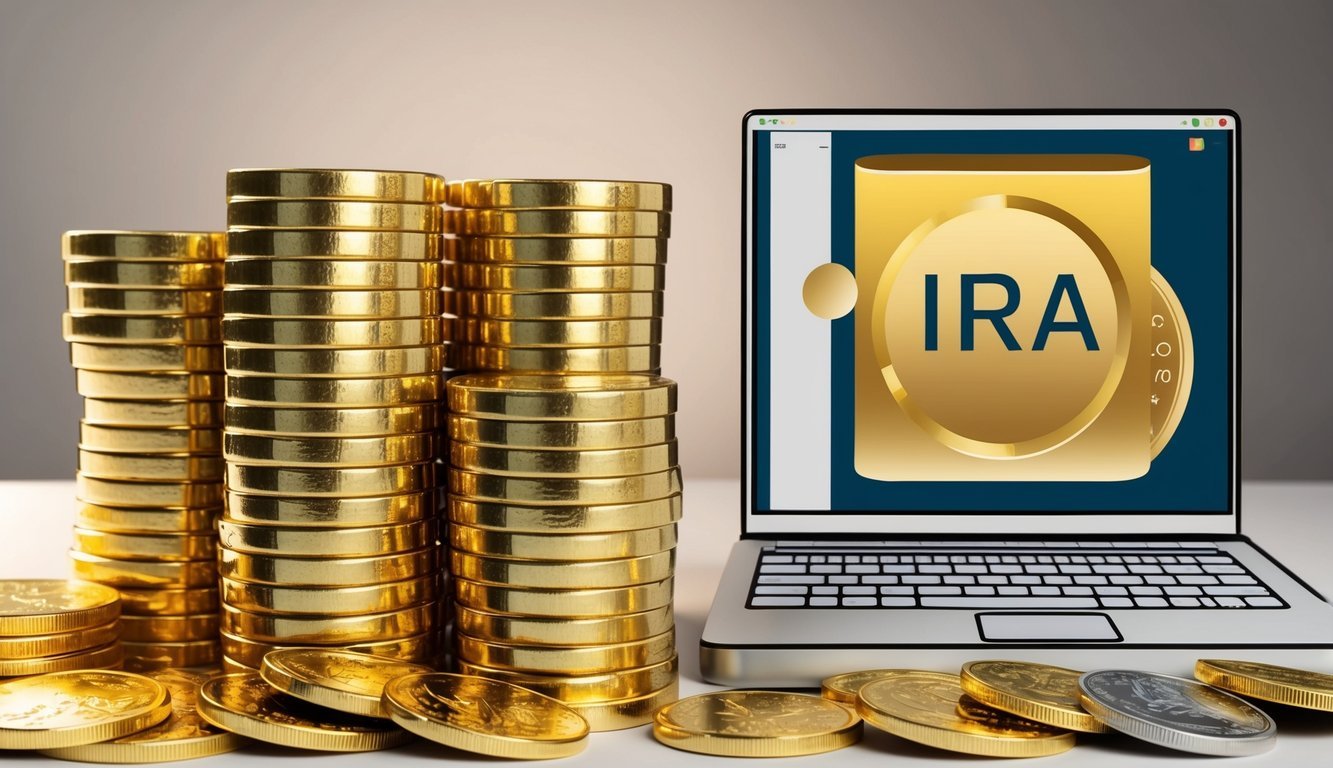 A stack of gold bars and coins contrasted with a digital representation of a Gold IRA