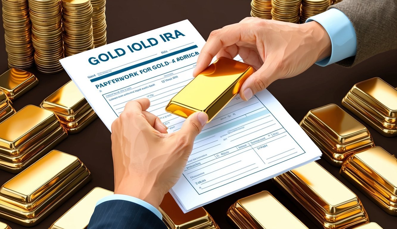 A hand holding a gold bar and a paperwork for Gold IRA, surrounded by stacks of gold coins and bars