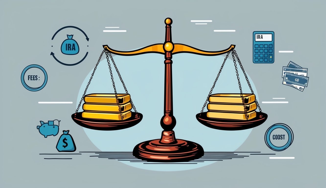 A scale with Gold IRA and Physical Gold on opposite sides, surrounded by various fees and costs symbols