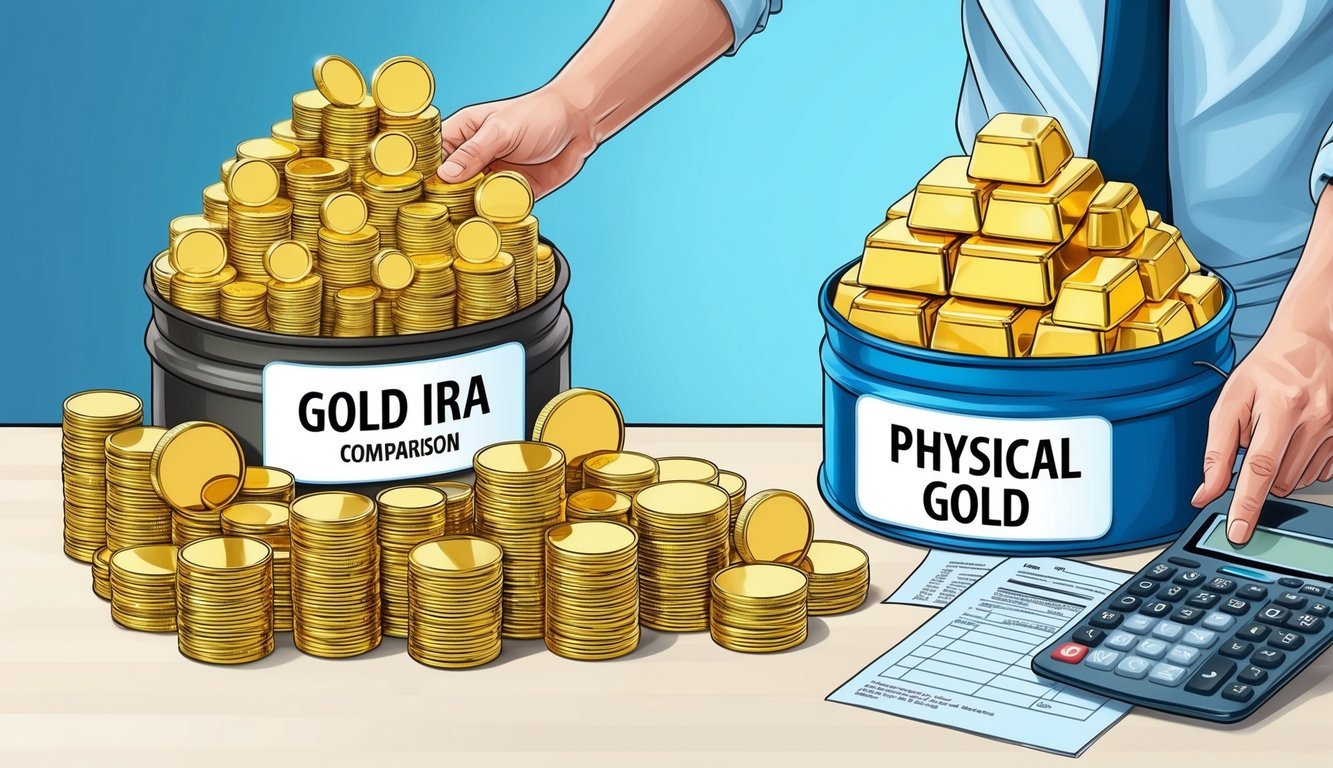 A person comparing two piles of gold coins and bars, one labeled "Gold IRA" and the other "Physical Gold," with a calculator and financial documents nearby