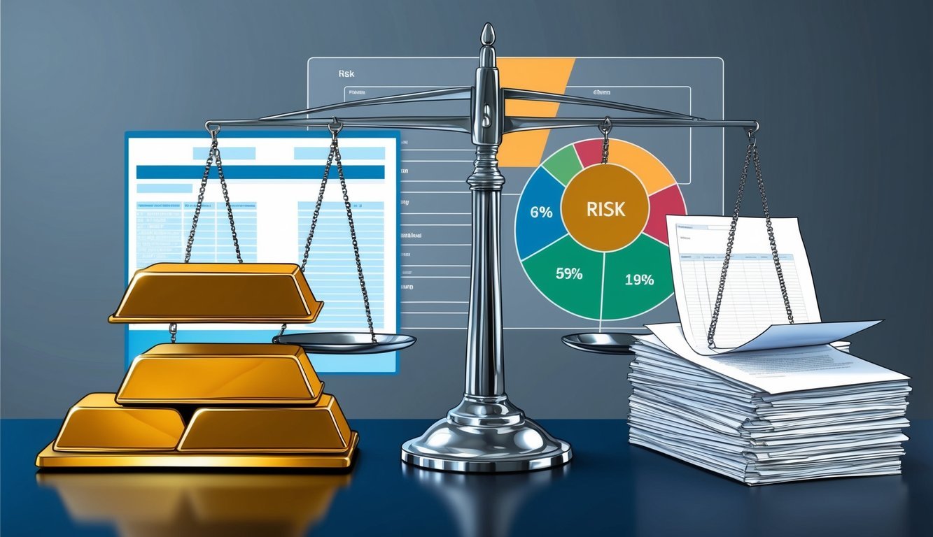 A scale weighing gold bars on one side and a stack of paperwork on the other, with a risk assessment chart in the background