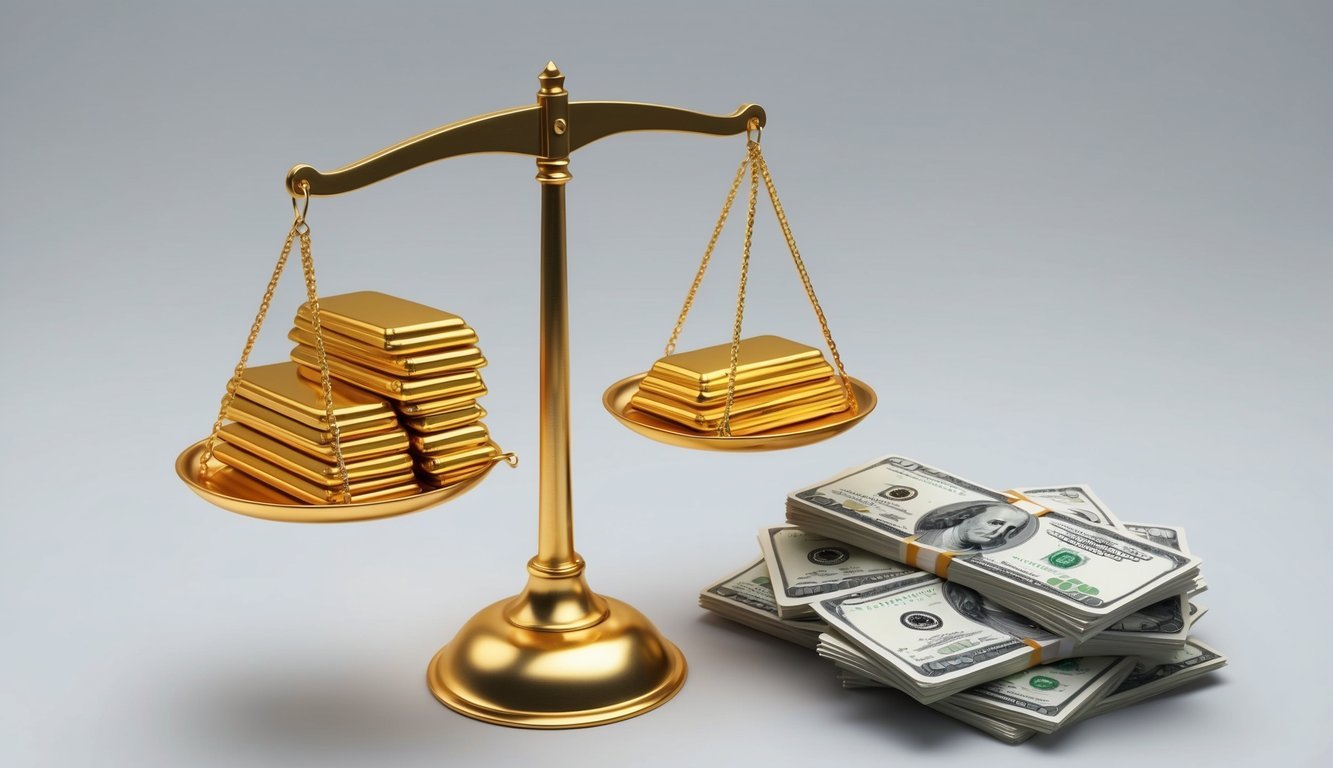 A golden scale balances a stack of gold bars against a pile of cash