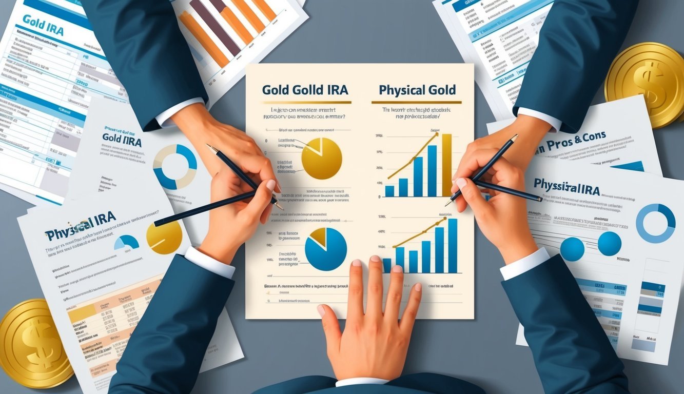 A person weighing the pros and cons of a Gold IRA and physical gold, surrounded by financial documents and investment charts