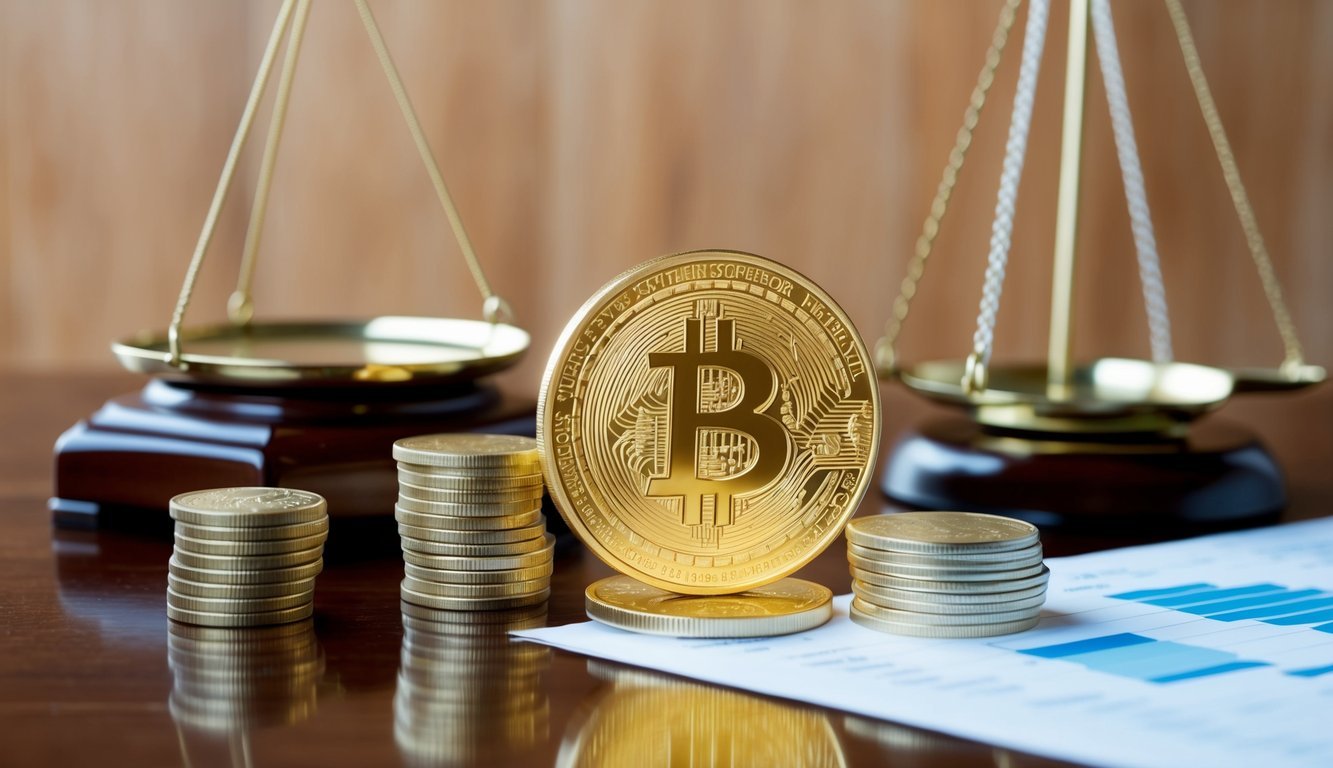 A coin representing a Gold IRA sits on a polished wooden desk next to a gleaming gold bar and a stack of gold coins. A scale and financial chart are in the background