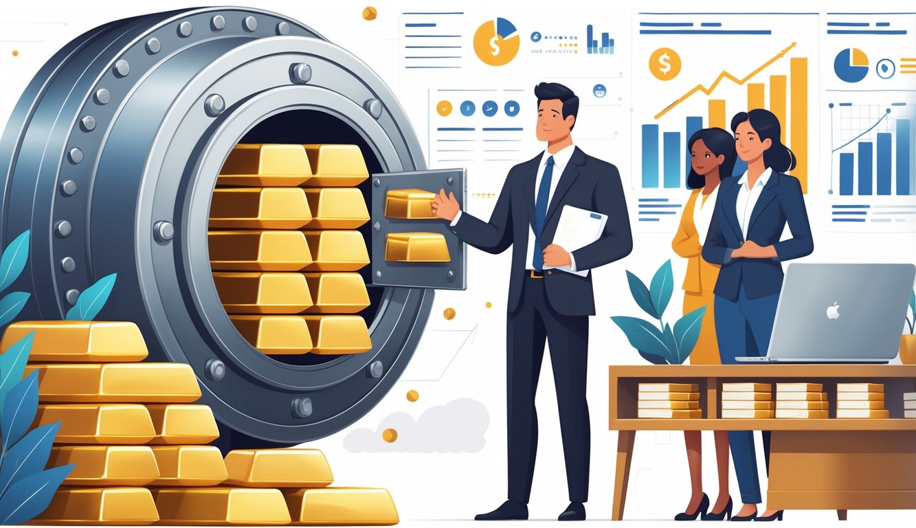 A financial advisor explains gold investment options to a couple in an office with a vault containing gold bars in the background.