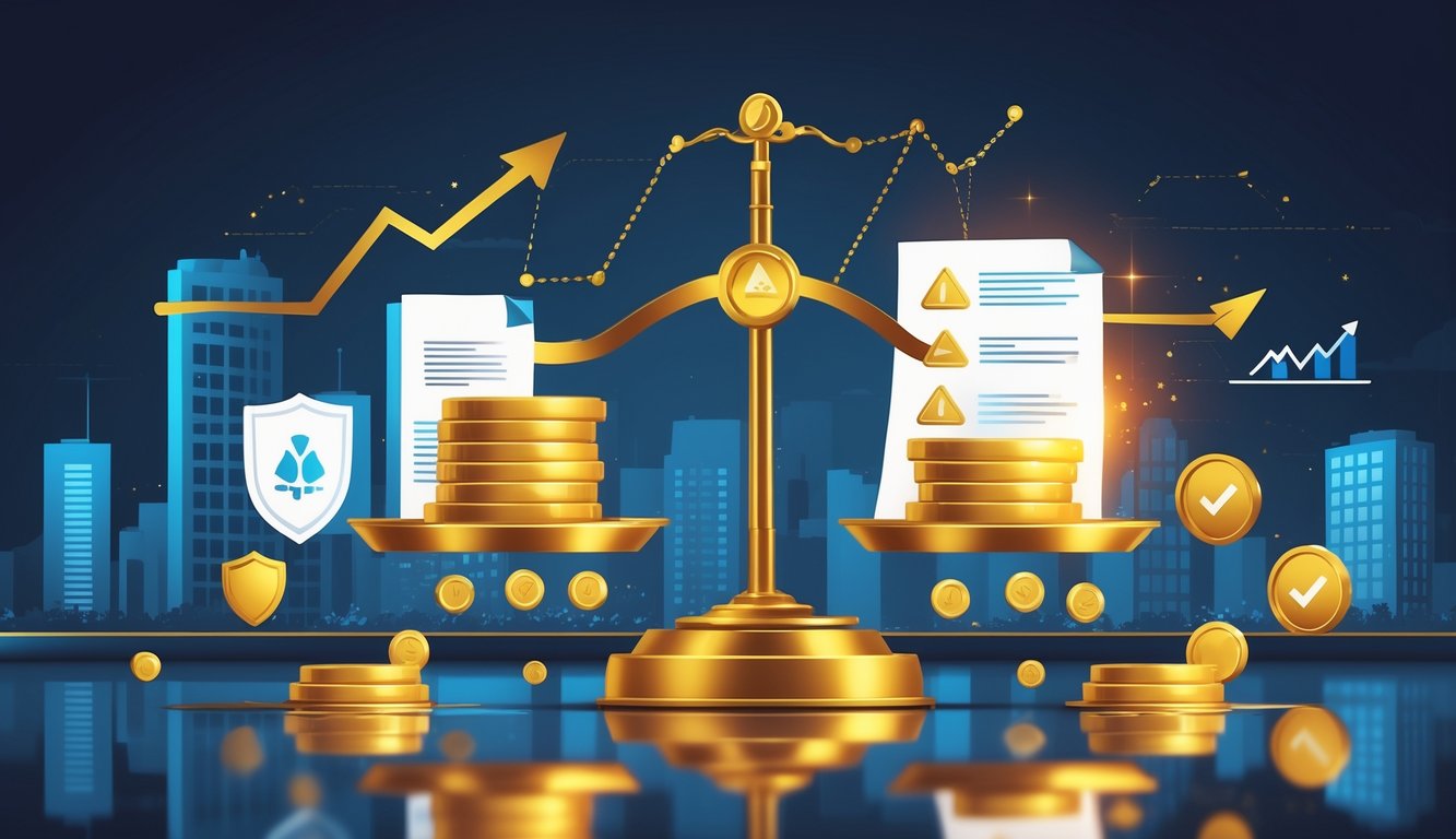 A balanced scale with gold bars on one side and caution documents on the other, surrounded by financial icons and a city skyline in the background.