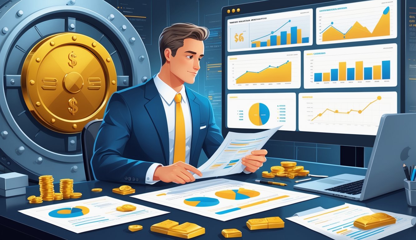 A business professional reviewing documents and charts about gold investments in a modern office with gold coins, bars, and a secure vault in the background.